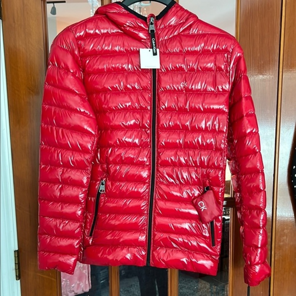 Calvin Klein red puffer jacket SORONA hooded  XS NWT